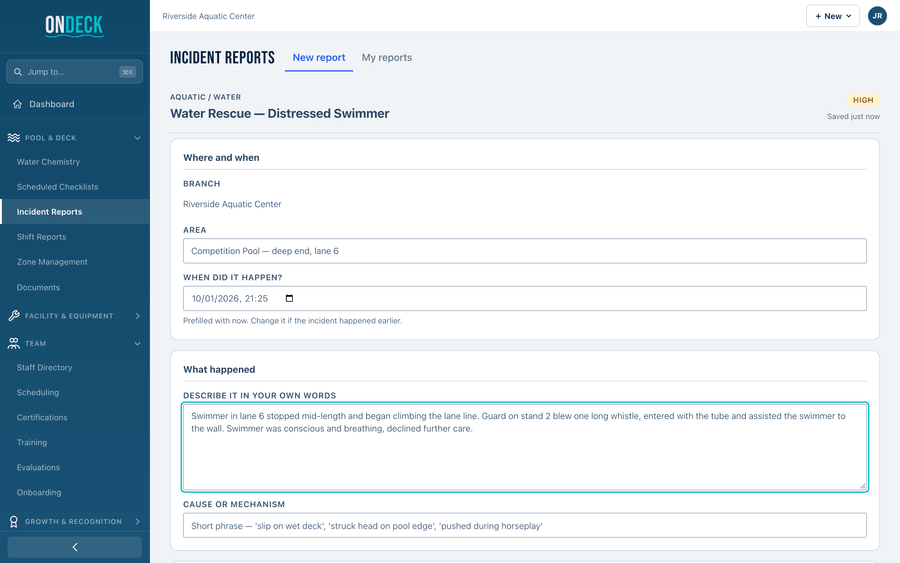 An incident report with its type, severity and attached evidence